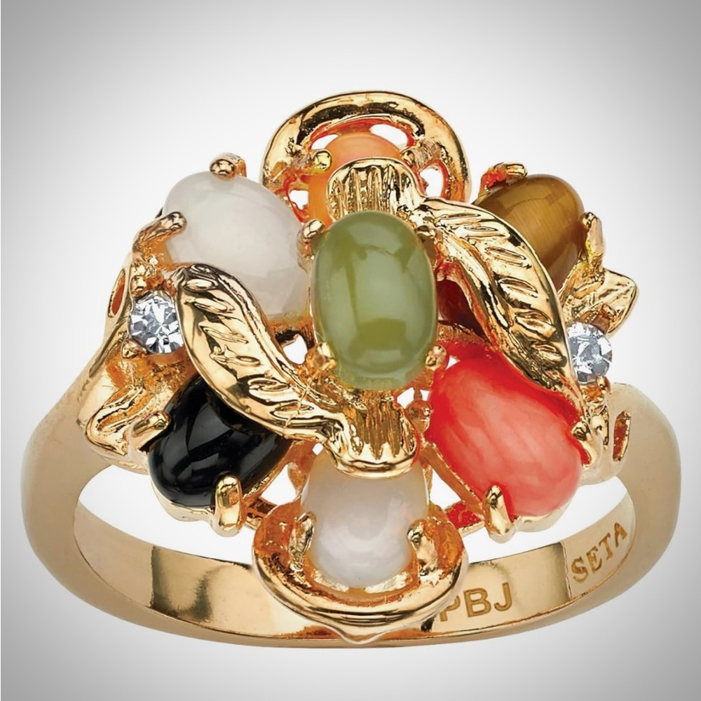 Gold Multicolor Gems and Crystals Cluster Ring Size 7